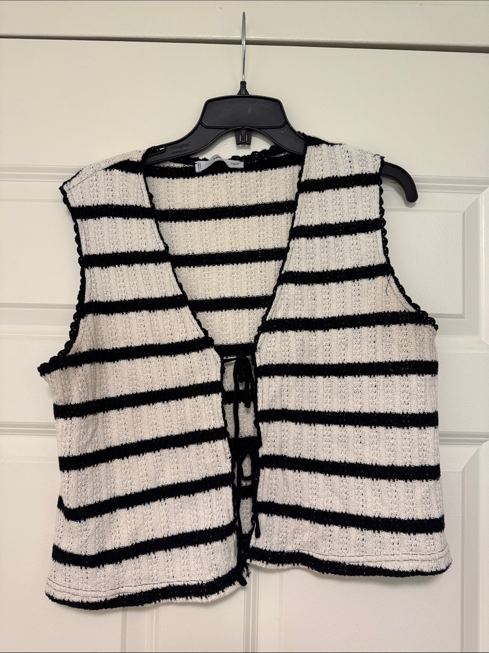 Mango Black and White Striped Knit Tie-Front Vest